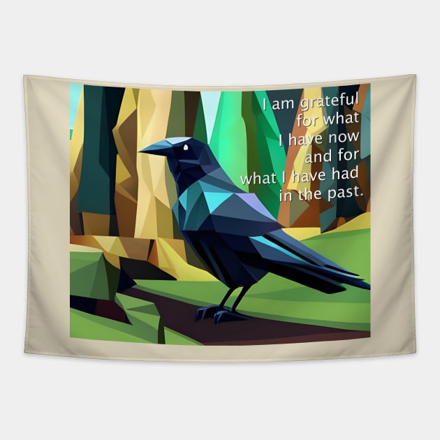 Gratitude mantra with artistic cubist Raven Tapestry by Dok's Mug Store