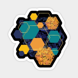 Blue, orange, navy, yellow and gold geometric hexagons Magnet