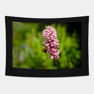 Beautiful Pink Flower With A Bee Pollinating And Green Background Tapestry