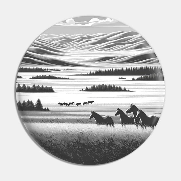 Serene Mongolian Steppes - Horses in Mongolia - black and white Pin by POD24