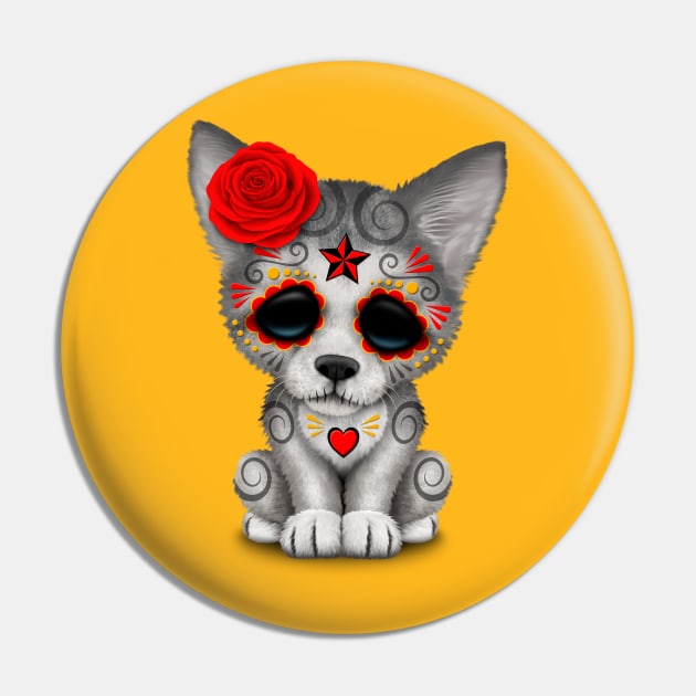 Red Day of the Dead Sugar Skull Wolf Cub Pin by jeffbartels