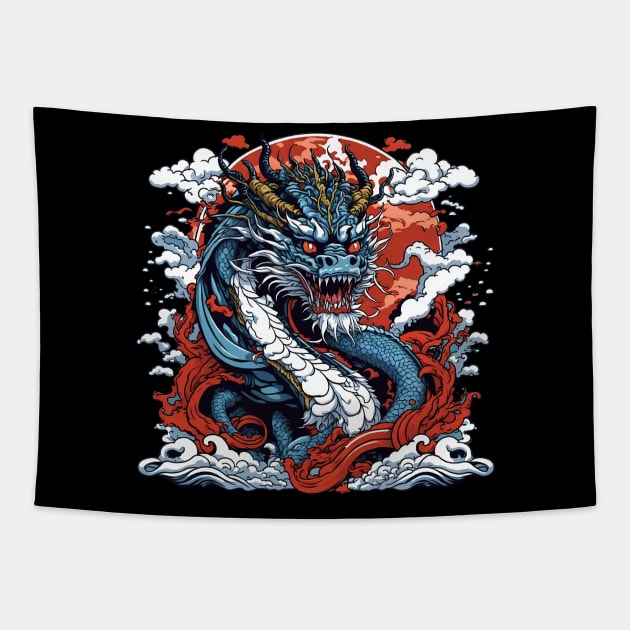 Dragon against the backdrop of a setting sun bathed in ocean waves Tapestry by T-Shirt Paradise