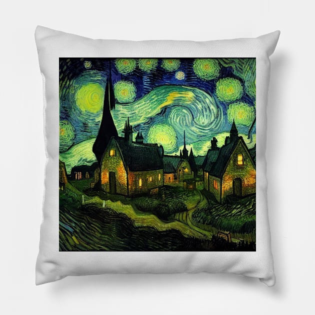 Starry Night Over Godric's Hollow Pillow by Grassroots Green