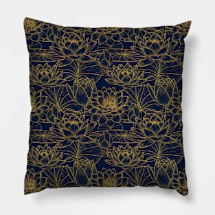 Gold texture graphic floral water lilies pattern on navy blue background Pillow
