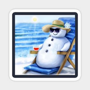 Snowman Chilling on the Beach with a Cocktail Magnet