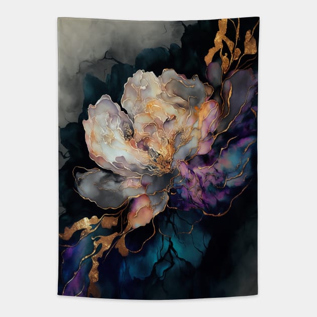 Golden Peony - Abstract Alcohol Ink Resin Art Tapestry by inkvestor