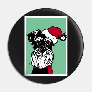 Miniature Schnauzer in Christmas Santa Hat and Red Woolly Scarf Linoprint Pin