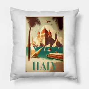 Italy Coastal Palace Vintage Travel Art Poster Pillow