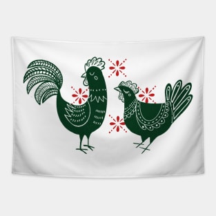 Chickens and Rooster - Green and Red Tapestry