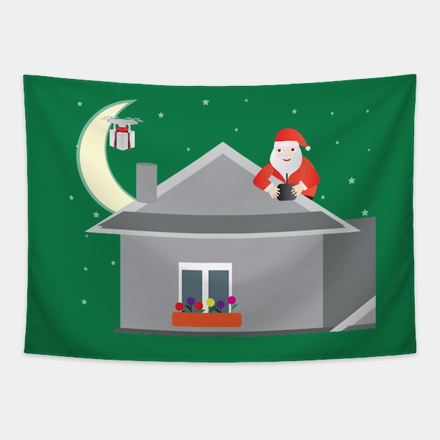 Santa Claus Sending a drone with a gift box Tapestry by sigdesign