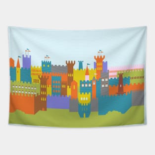 Medieval Castle Stronghold Towers Colorful Illustration Tapestry