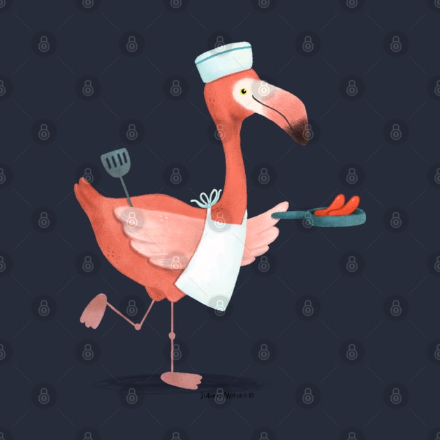 Flamingo frying sausages by julianamotzko