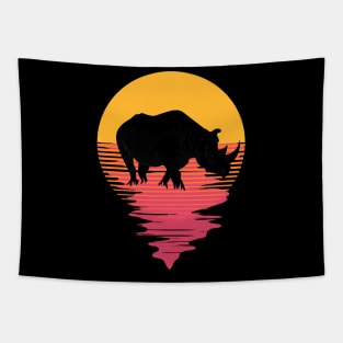 Retro Rhino On A 80's Sun Background Tapestry