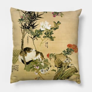Cat, Flowers and Birds Pillow