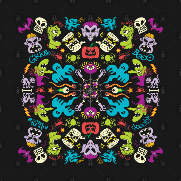 Spooky Halloween characters and symbols celebrating in a colorful pattern design by zooco