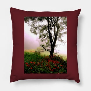 Foggy Roadside Red Pillow