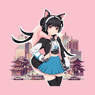 Nekomimi Otaku Fashion: A stylish cat girl in the city T-Shirt