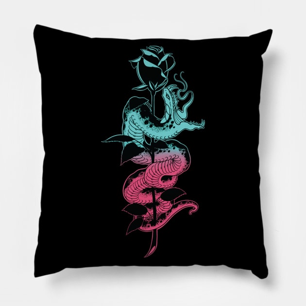 Snake and Rose teal / pink variant Pillow by Seven Relics