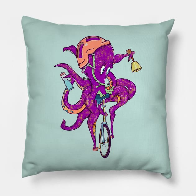 Octopus riding a unicylce Pillow by mailboxdisco