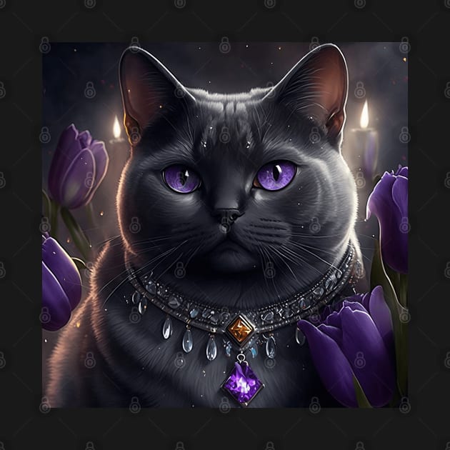 Black British Shorthair Cat With Tulips by Enchanted Reverie