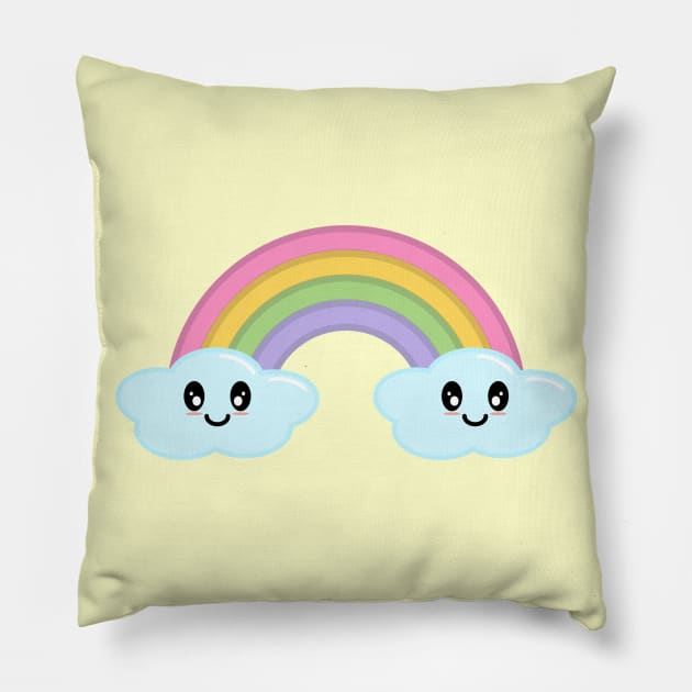 Kawaii Cute Happy Rainbow and Clouds in Yellow Pillow by Kelly Gigi