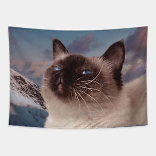 Siamese cat in the mountain sky portrait painting Tapestry