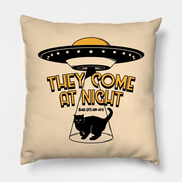 Aliens and Black Cat in beige Pillow by The Charcoal Cat Co.