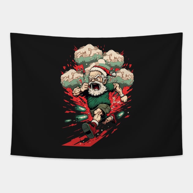 BADASS SANTA, Violent Night-inspired Christmas design Tapestry by Buff Geeks Art