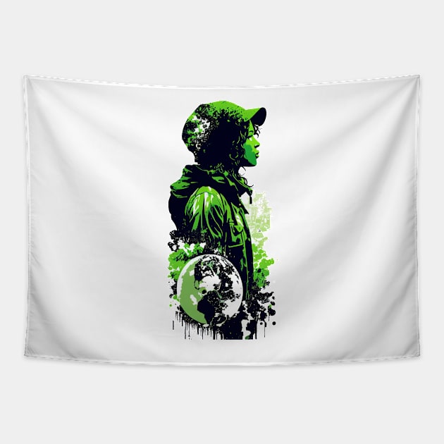 Join the Movement with Our Abstract Black, White, and Green Climate Activist Girl Design Tapestry by Greenbubble