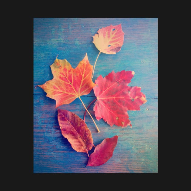 Autumn Leaves on Blue Vintage Table 2 by oliviastclaire