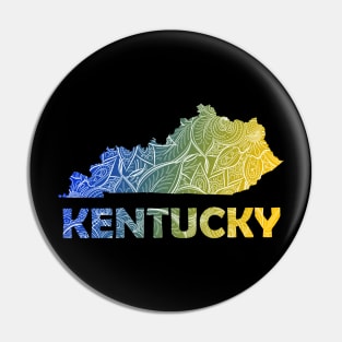 Colorful mandala art map of Kentucky with text in blue and yellow Pin