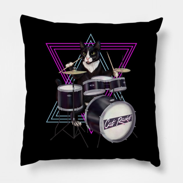 Cat playing drums Pillow by Mehu Art