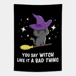 Cute Black Cat Humor Spooky Kawaii Witch Sarcasm Tapestry