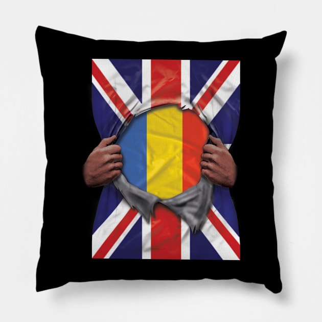 Romania Flag Great Britain Flag Ripped - Gift for Romanian From Romania Pillow by Country Flags