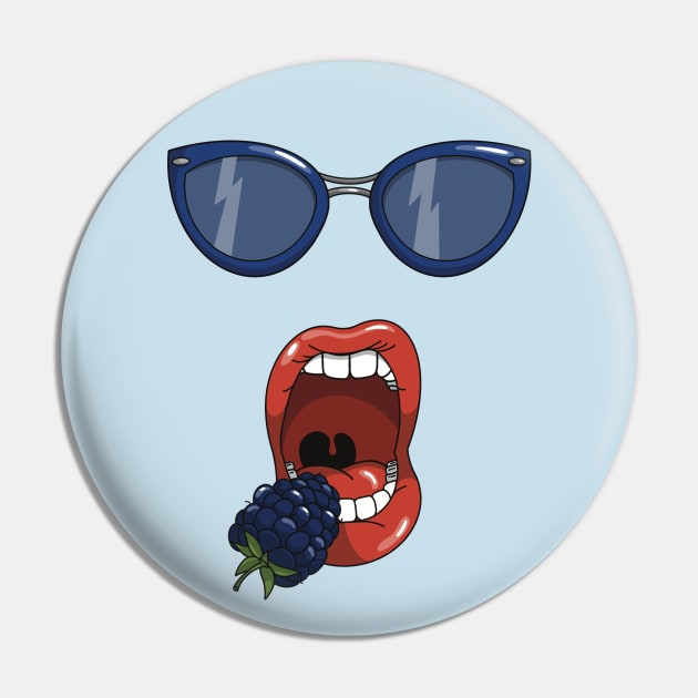 Mouth about to eat a blueberry while wearing matching blue sun glasses. Pin by Fruit Tee