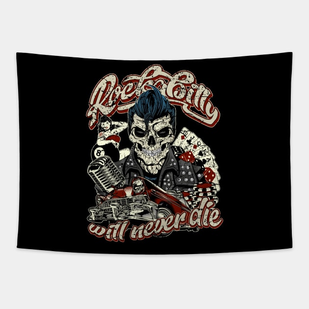 Rockabilly will never die Hot Rod skull Tapestry by RockabillyM