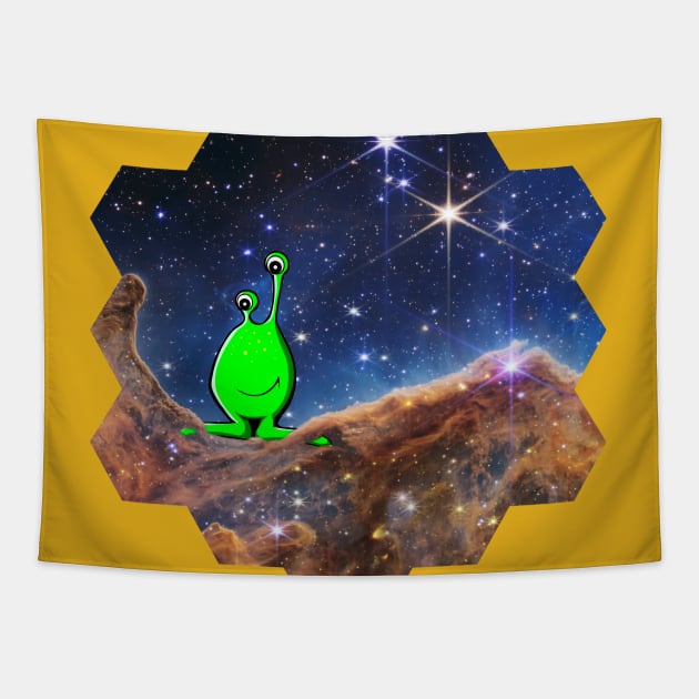 Funny JWST Carina Nebula hexagonal shape with Cute Alien Tapestry by Brasilia Catholic