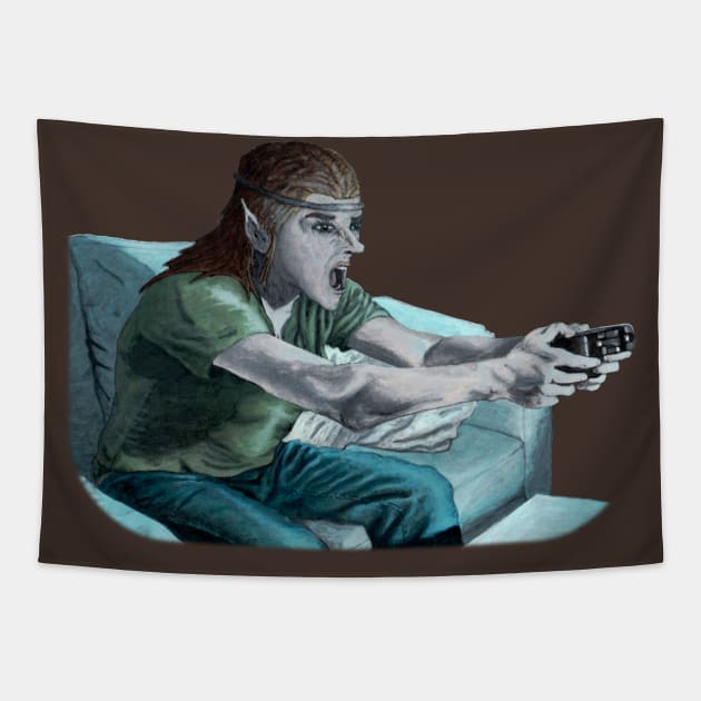 Elf Gamer Playing Video Games Tapestry by Helms Art Creations