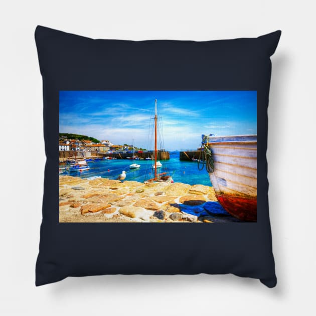 Mousehole Harbor Boats, Cornwall, UK Pillow by tommysphotos