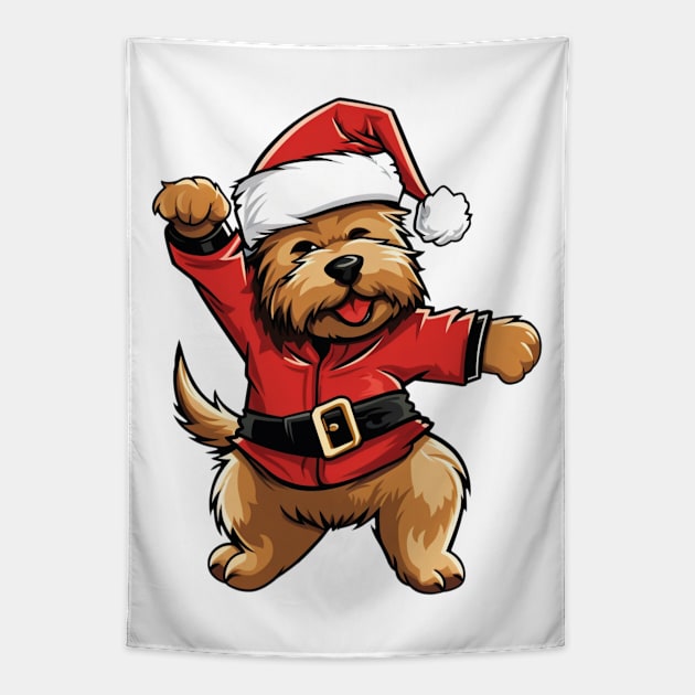 Cartoon Christmas Yorkshire Terrier Dog Dancing Tapestry by Chromatic Fusion Studio