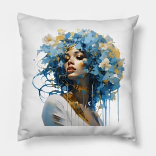 Blue haired floral lady Pillow