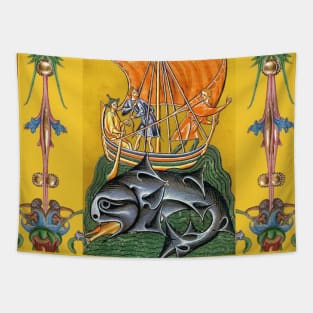 WHALE HUNTERS ON VIKING WHALING VESSEL Medieval Miniature Tapestry
