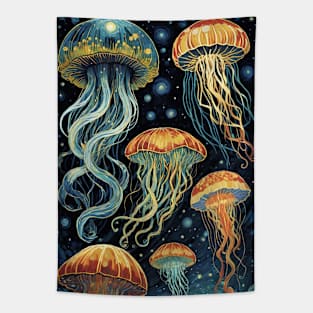 Starry Night's Aquatic Ballet: Van Gogh-Inspired Jellyfish Symphony Tapestry