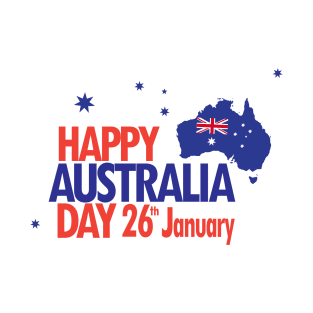 Happy Australia Day 26th January inscription poster with Calligraphy lettering, Australian Flag, Australia Map, stars and fireworks. Patriotic Holiday T-Shirt