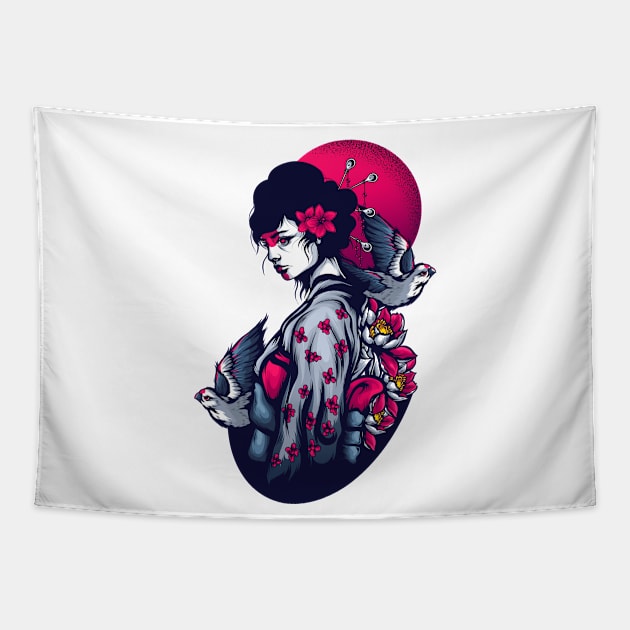 Pigeon Blood Moon T-Shirt Geisha Women Tapestry by MaryMas