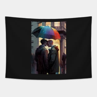 2 men, the rain, and a rainbow umbrella Tapestry