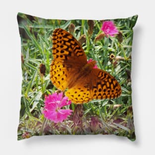 Little Orange Butterfly with Pink Dianthus Flowers Pillow