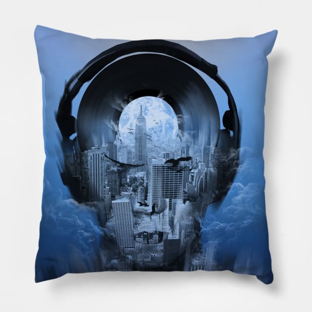 new york sound blue Pillow by BekimART