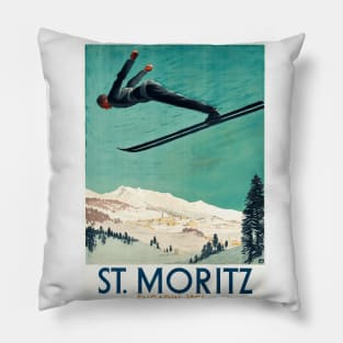 Ski Jumping at St. Moritz, Switzerland - Vintage Travel Poster Design Pillow