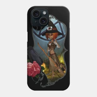 Cute little witch with pumpkin in the halloween night Phone Case